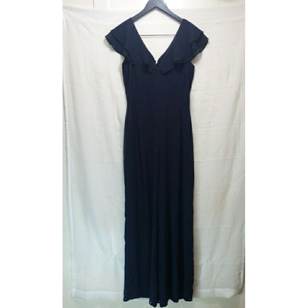 Lulus Navy Blue Ruffle Wide Leg Jumpsuit Medium M V-Neck Formal Wedding Guest